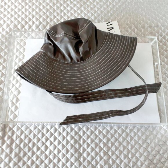 NWT Zara brown faux leather bucket hat with self-tie detail, S - Picture 11 of 12